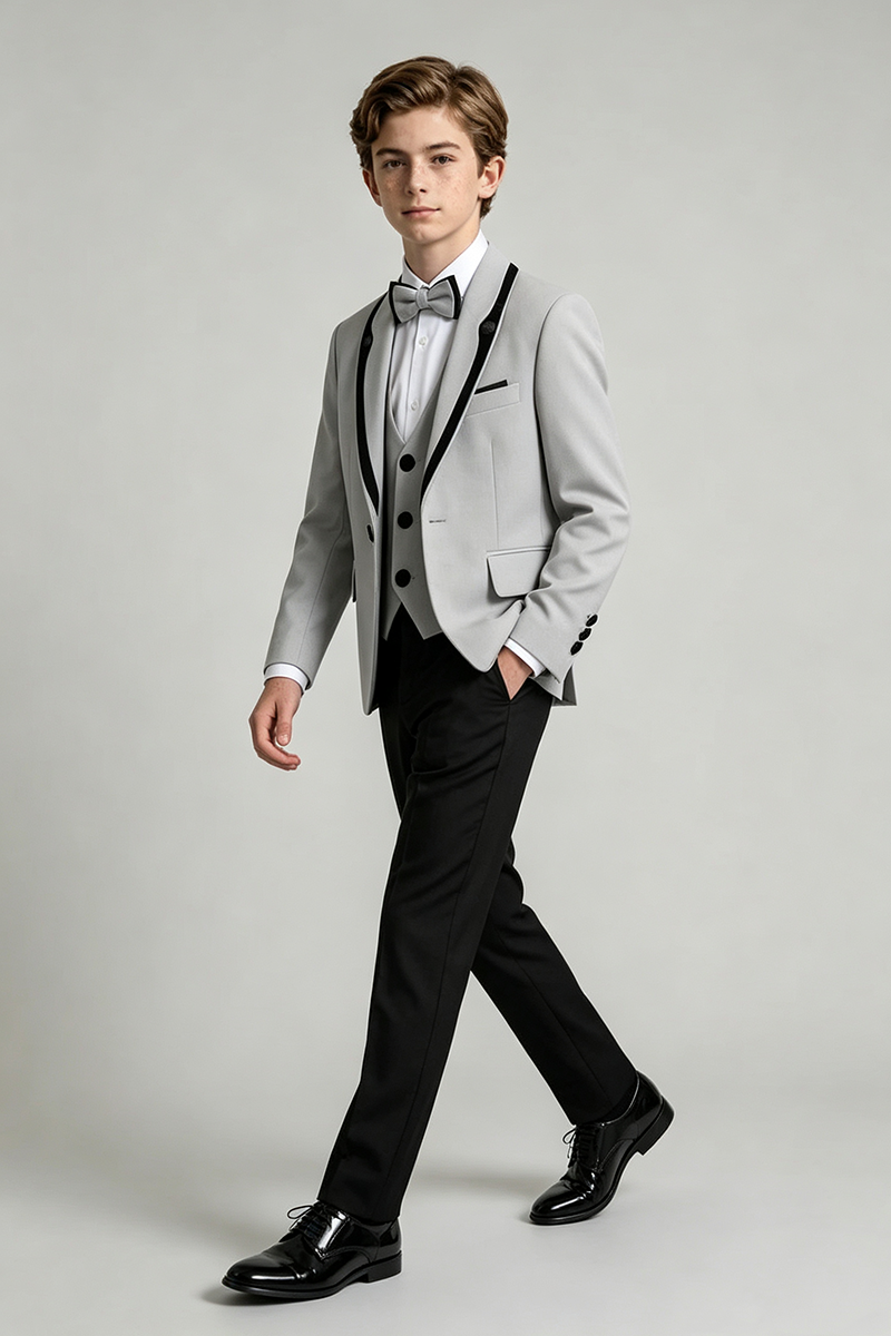 Boys Grey Trim Peak Lapel  3-Piece Suit for Wedding