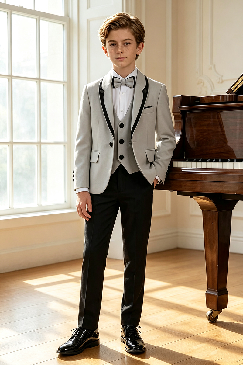 Boys Grey Trim Peak Lapel  3-Piece Suit for Wedding