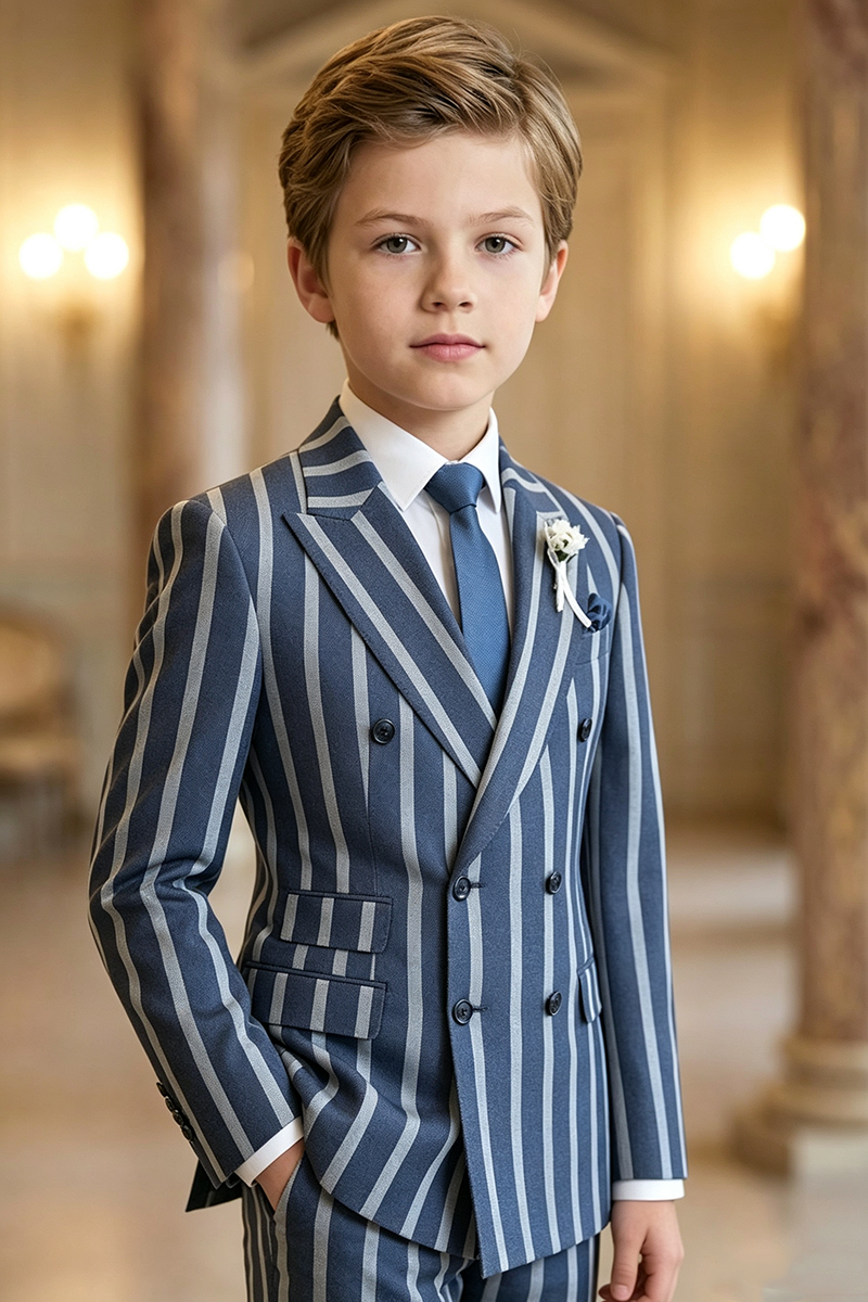 Boys Navy Vertical Stripe Double Breasted Blazer for Wedding Formal Occasions