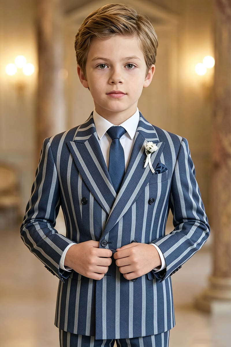 Boys Navy Vertical Stripe Double Breasted Blazer for Wedding Formal Occasions