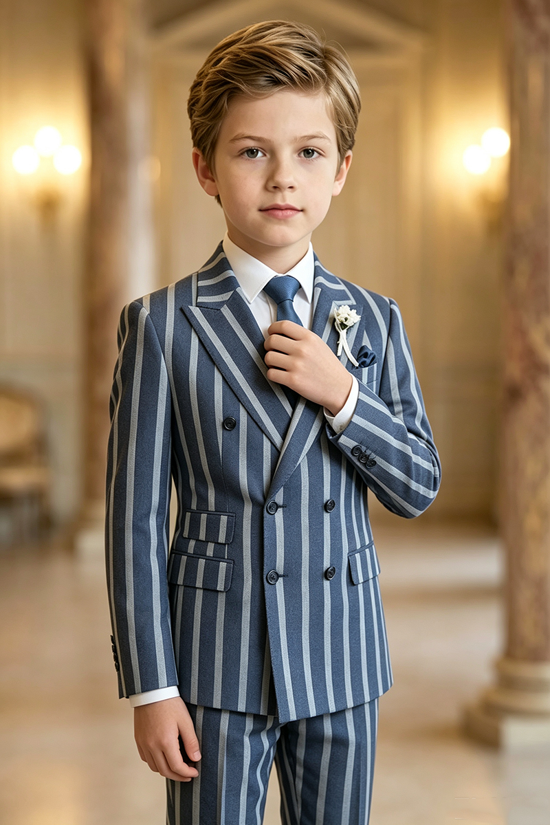 Boys Navy Vertical Stripe Double Breasted Blazer for Wedding Formal Occasions
