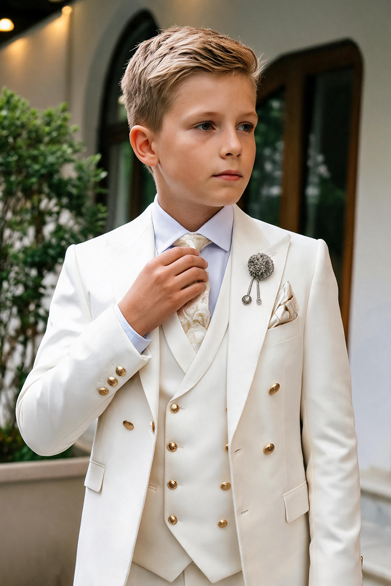 Boys Ivory Double Breasted 3-Piece Suit for Villa Garden Wedding Formal Occasions