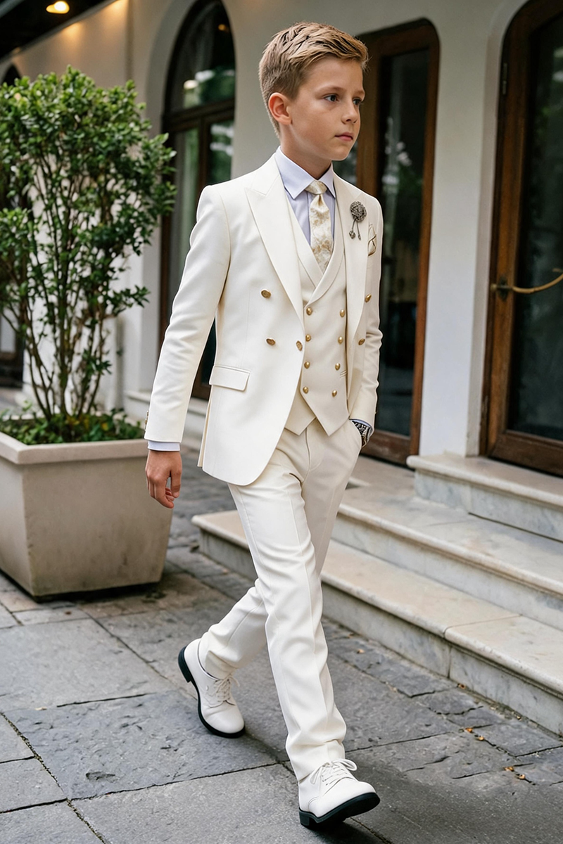 Boys Ivory Double Breasted 3-Piece Suit for Villa Garden Wedding Formal Occasions