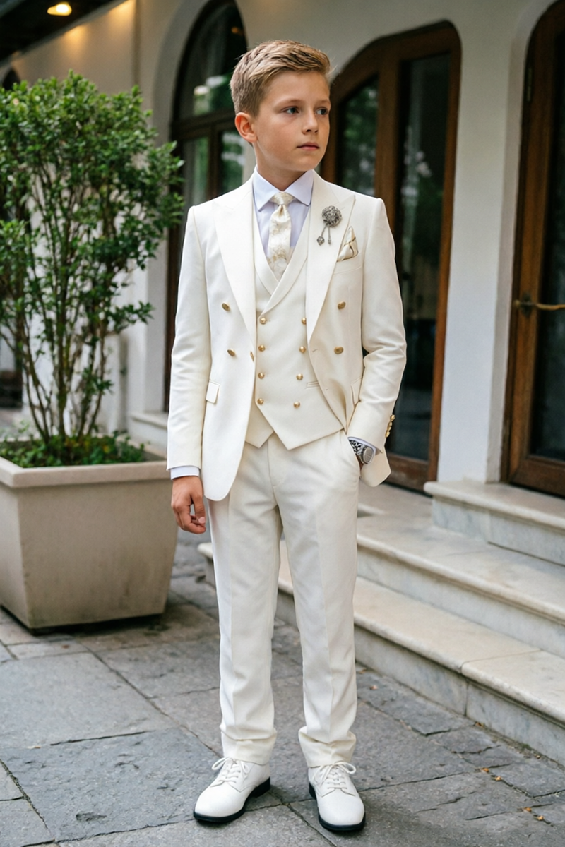 Boys Ivory Double Breasted 3-Piece Suit for Villa Garden Wedding Formal Occasions