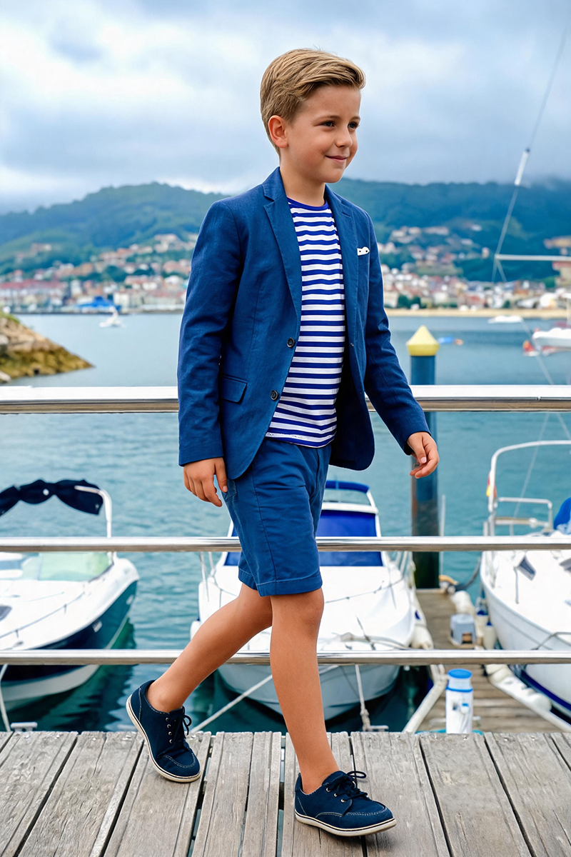 Boys Navy Notch Lapel Linen Blazer & Matching Shorts 2-piece Suit