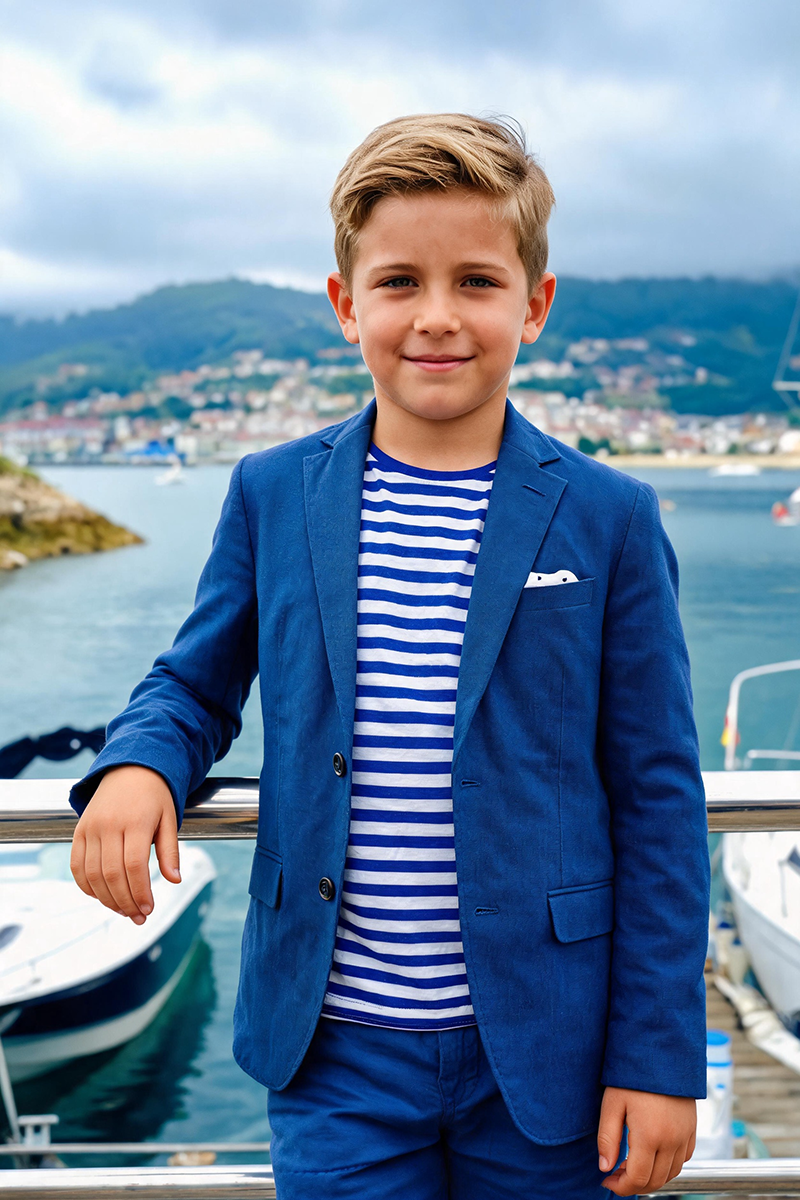 Boys Navy Notch Lapel Linen Blazer & Matching Shorts 2-piece Suit