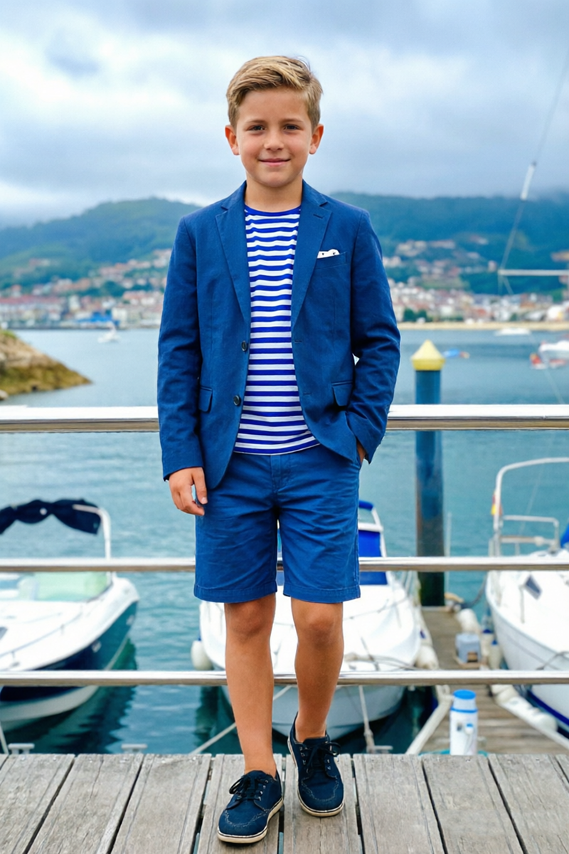 Boys Navy Notch Lapel Linen Blazer & Matching Shorts 2-piece Suit