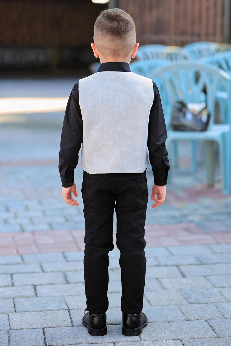 Boys Light Grey Shawl Lapel Waistcoat & Black Trousers 2-Piece Suit