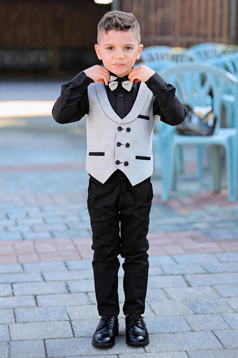 Boys Light Grey Shawl Lapel Waistcoat & Black Trousers 2-Piece Suit