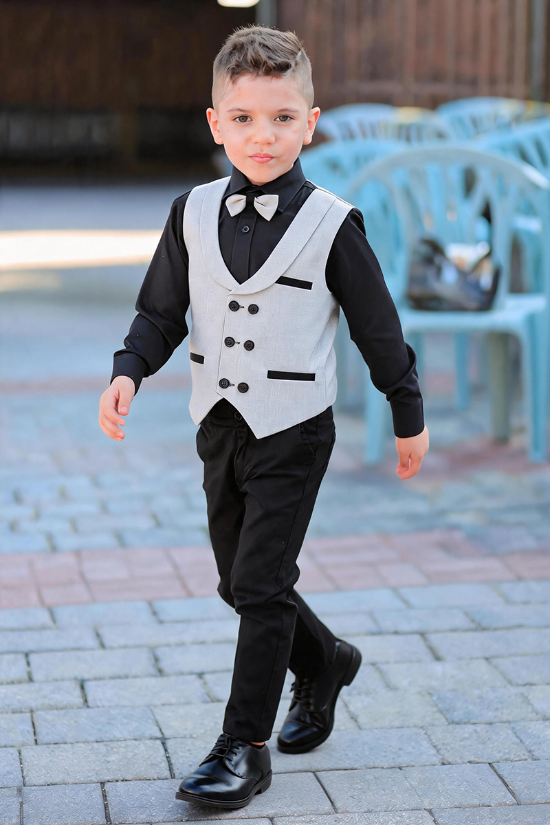 Boys Light Grey Shawl Lapel Waistcoat & Black Trousers 2-Piece Suit