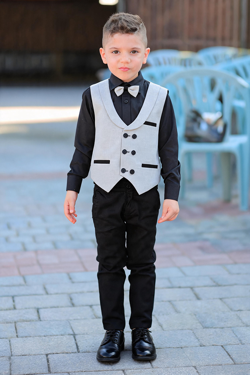 Boys Light Grey Shawl Lapel Waistcoat & Black Trousers 2-Piece Suit