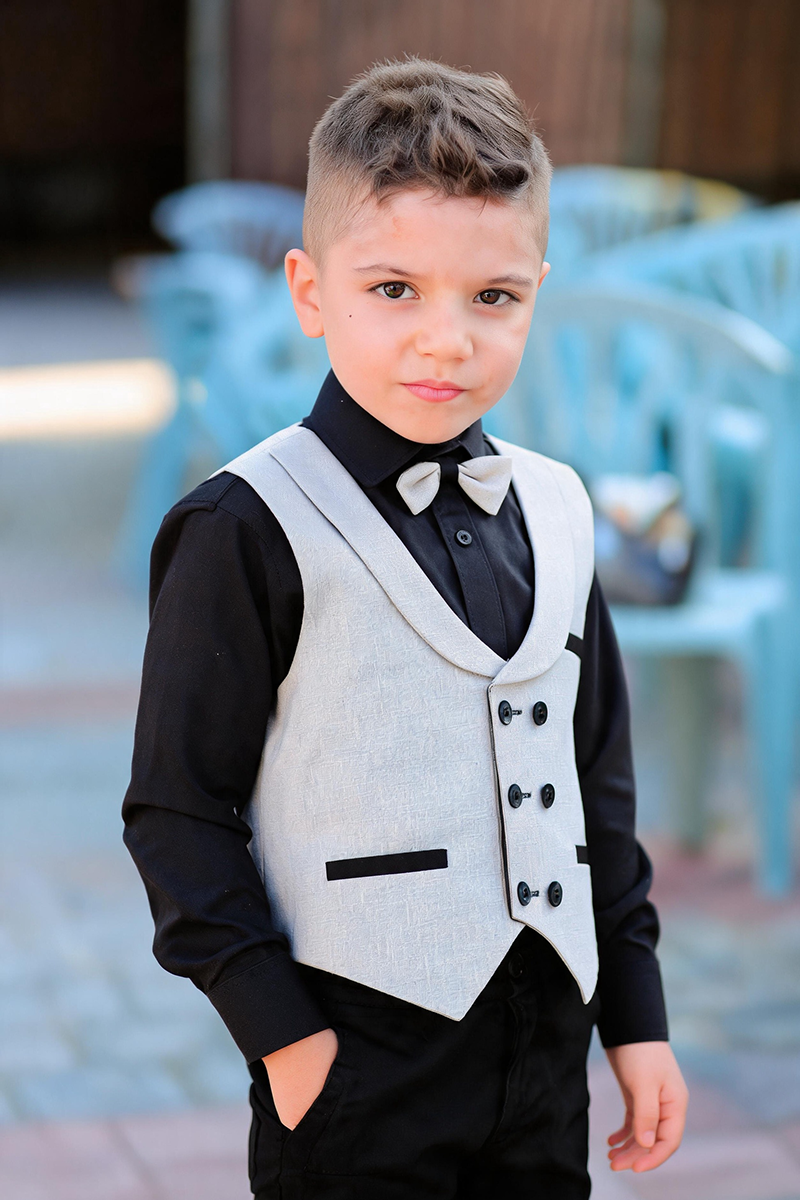 Boys Light Grey Shawl Lapel Waistcoat & Black Trousers 2-Piece Suit