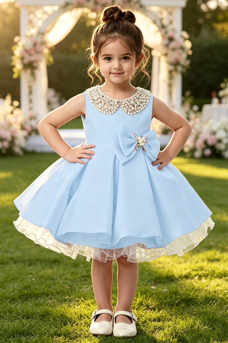 Girls Blush Sleeveless Satin Short Party Dress with Pearl Collar & Bow