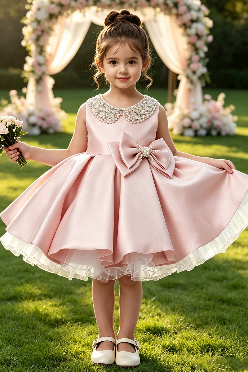 Girls Blush Sleeveless Satin Short Party Dress with Pearl Collar & Bow