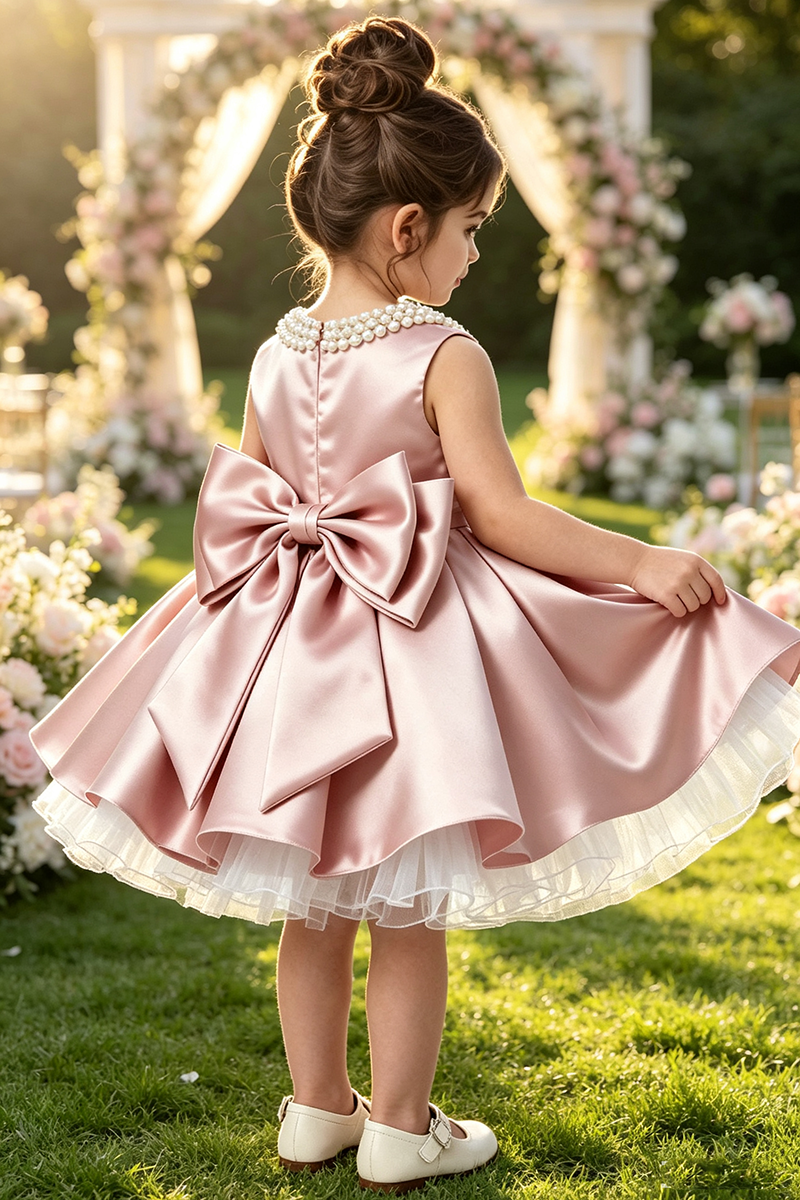 Girls Blush Sleeveless Satin Short Party Dress with Pearl Collar & Bow