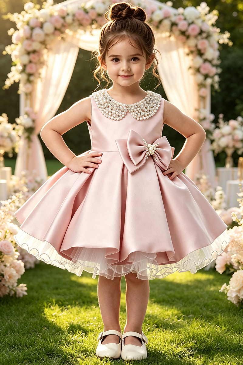 Girls Blush Sleeveless Satin Short Party Dress with Pearl Collar & Bow
