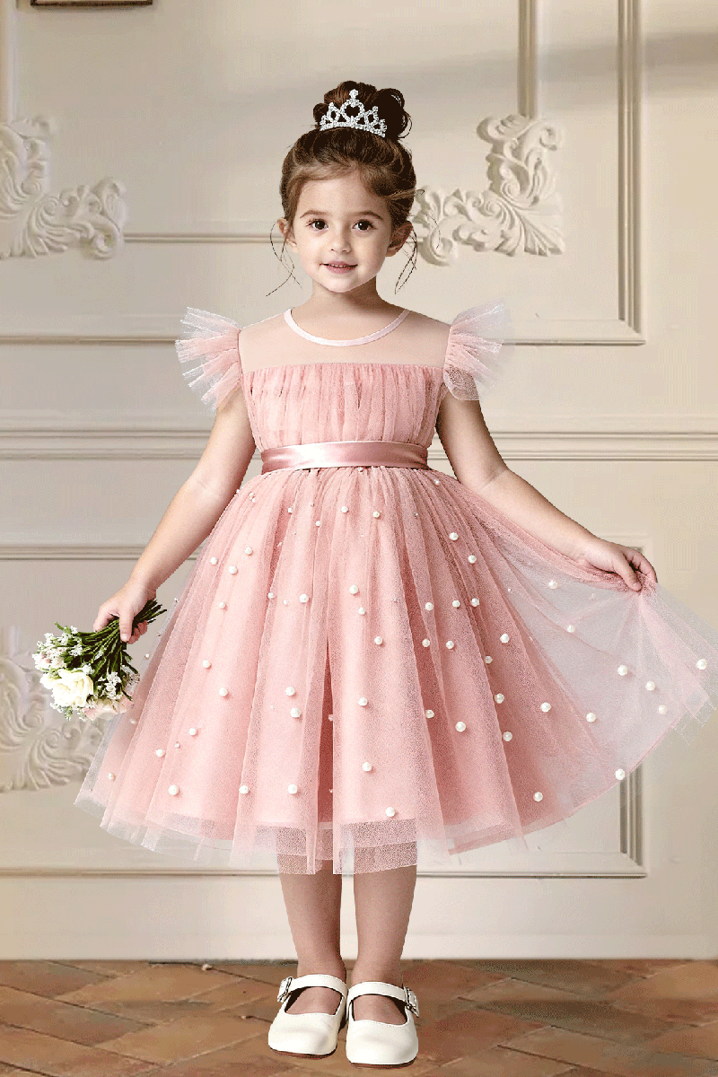 Girls Dusty Pink Flutter Sleeve Pearl Tulle Midi Dress with Back Bow