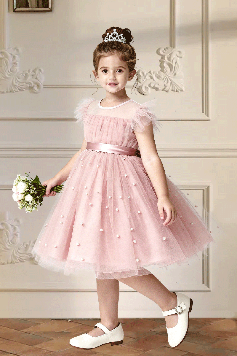 Girls Dusty Pink Flutter Sleeve Pearl Tulle Midi Dress with Back Bow