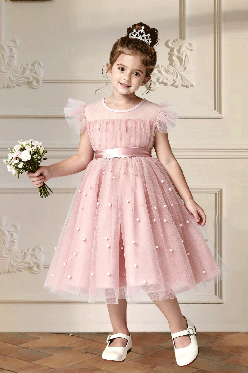 Girls Dusty Pink Flutter Sleeve Pearl Tulle Midi Dress with Back Bow