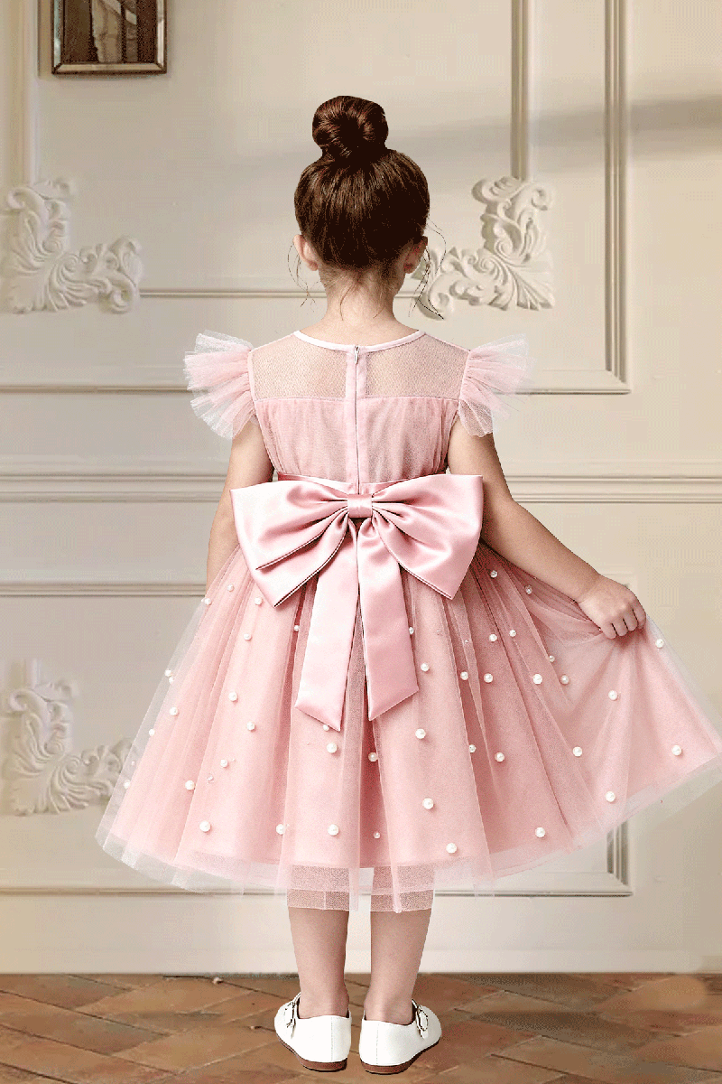 Girls Dusty Pink Flutter Sleeve Pearl Tulle Midi Dress with Back Bow
