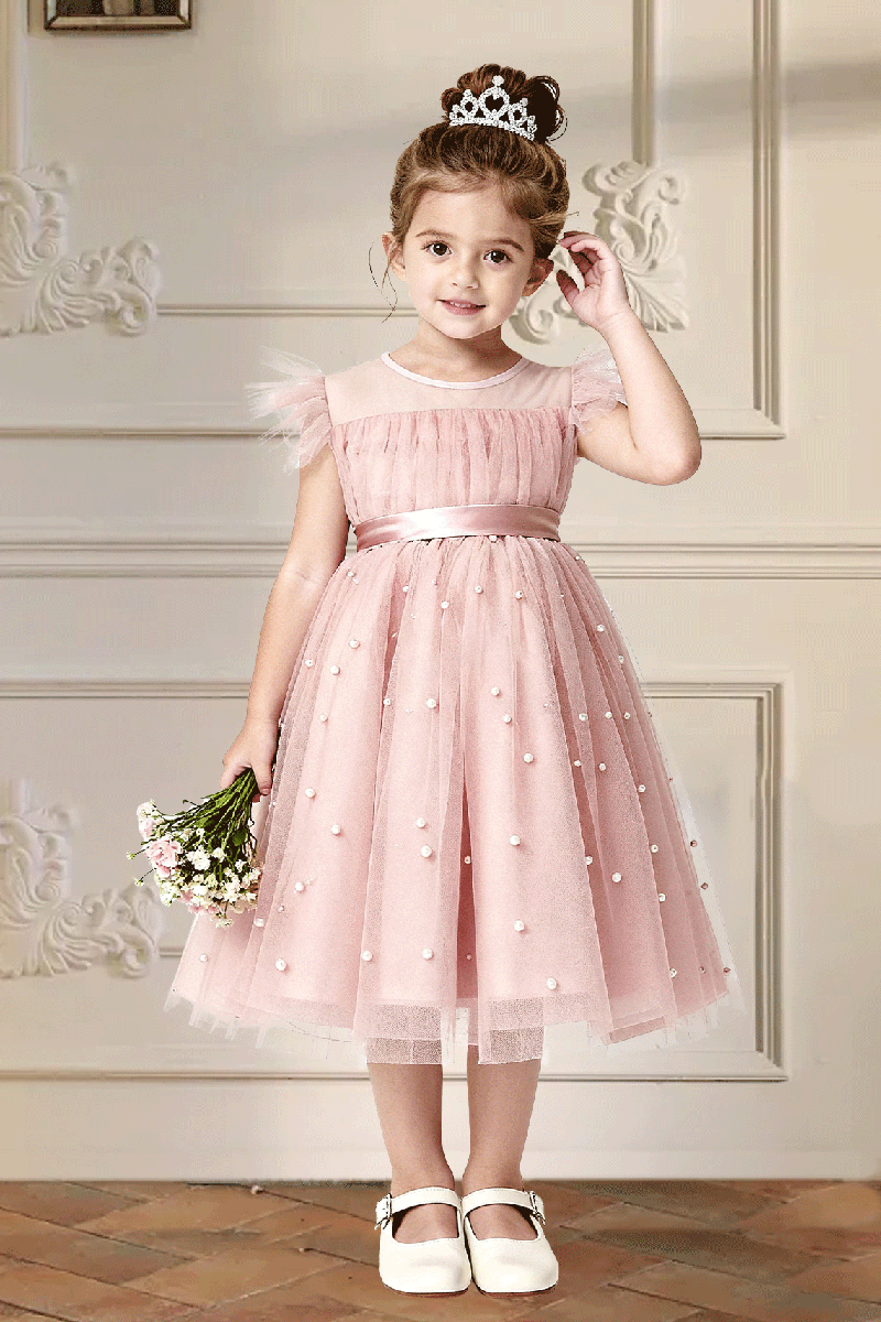 Girls Dusty Pink Flutter Sleeve Pearl Tulle Midi Dress with Back Bow