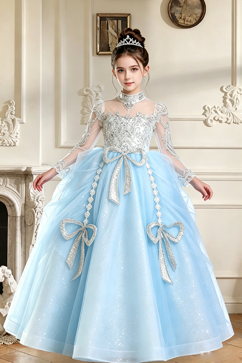 Girls Light Blue Long Sleeve Lace Tulle Ball Gown with Silver Bows