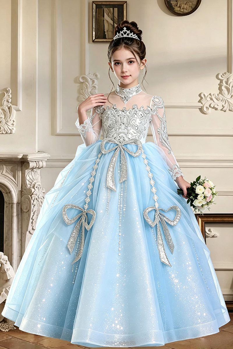 Girls Light Blue Long Sleeve Lace Tulle Ball Gown with Silver Bows