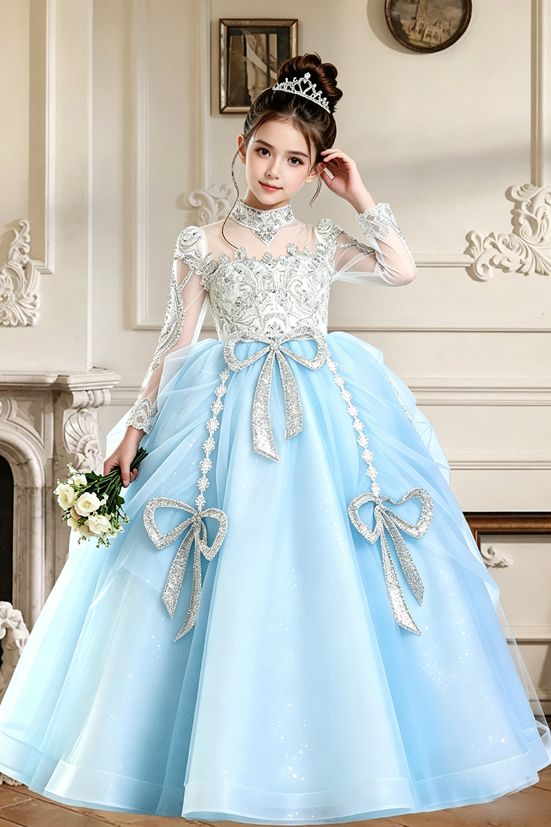 Girls Light Blue Long Sleeve Lace Tulle Ball Gown with Silver Bows