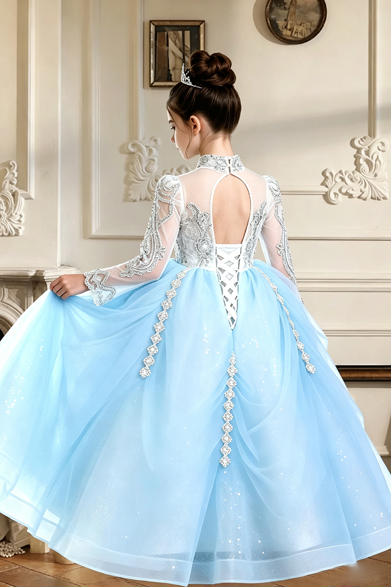 Girls Light Blue Long Sleeve Lace Tulle Ball Gown with Silver Bows