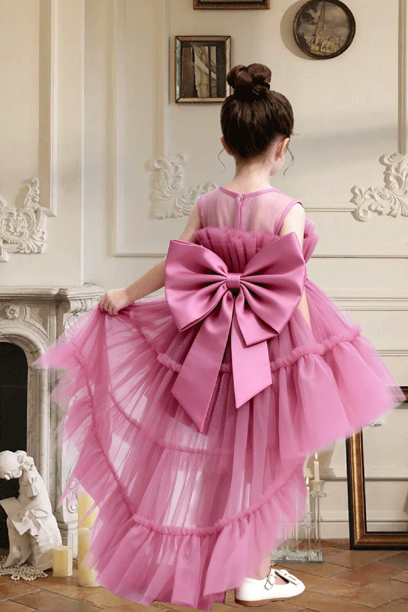 Girls Dusty Pink Sleeveless High Low Tiered Tulle Dress