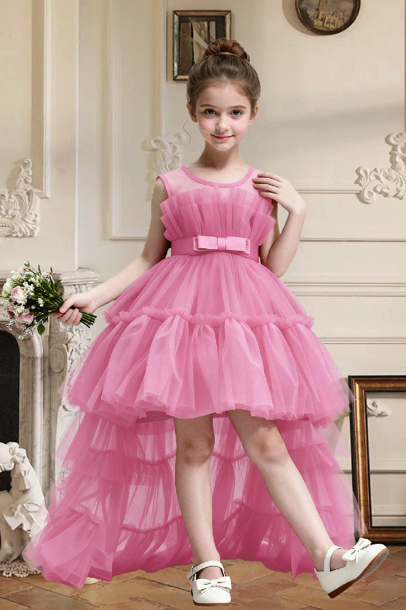 Girls Dusty Pink Sleeveless High Low Tiered Tulle Dress