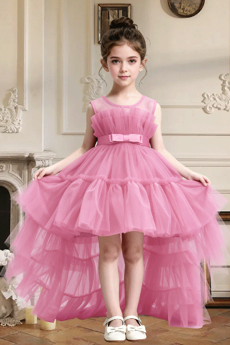Girls Dusty Pink Sleeveless High Low Tiered Tulle Dress
