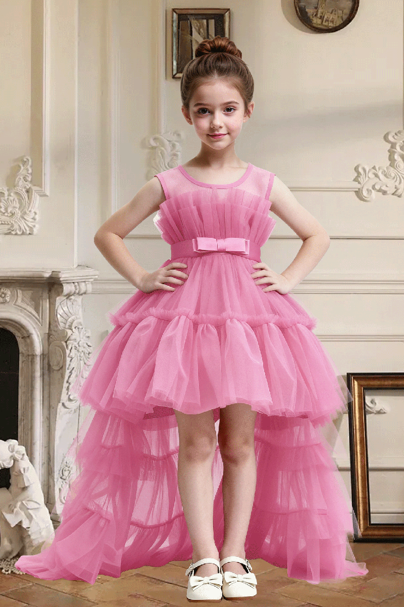 Girls Dusty Pink Sleeveless High Low Tiered Tulle Dress