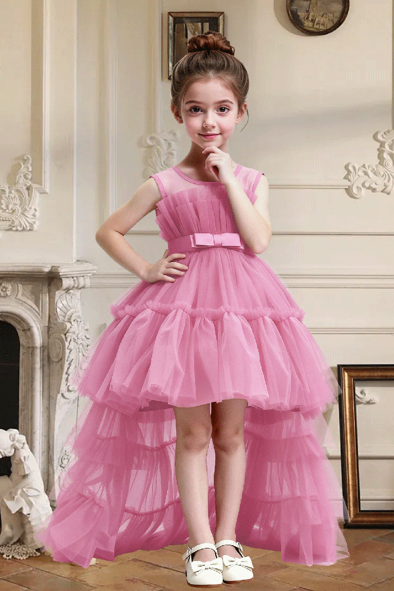 Girls Dusty Pink Sleeveless High Low Tiered Tulle Dress