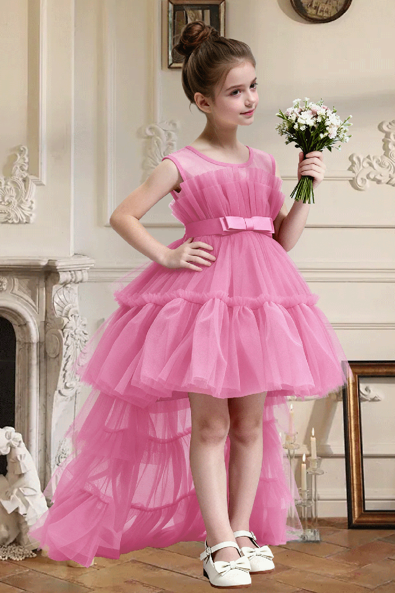 Girls Dusty Pink Sleeveless High Low Tiered Tulle Dress