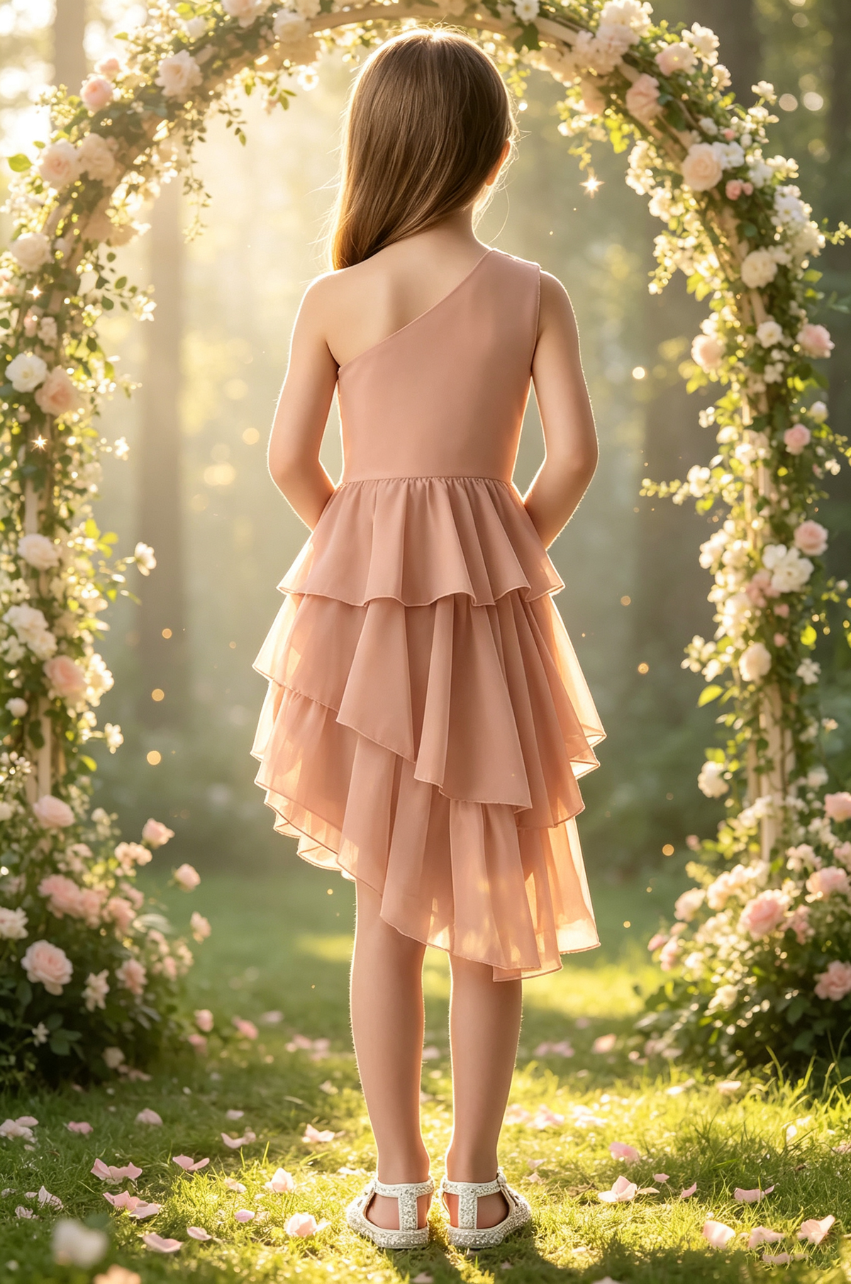 Pink One Shoulder Chiffon Tiered Cake High-Low Midi Dress