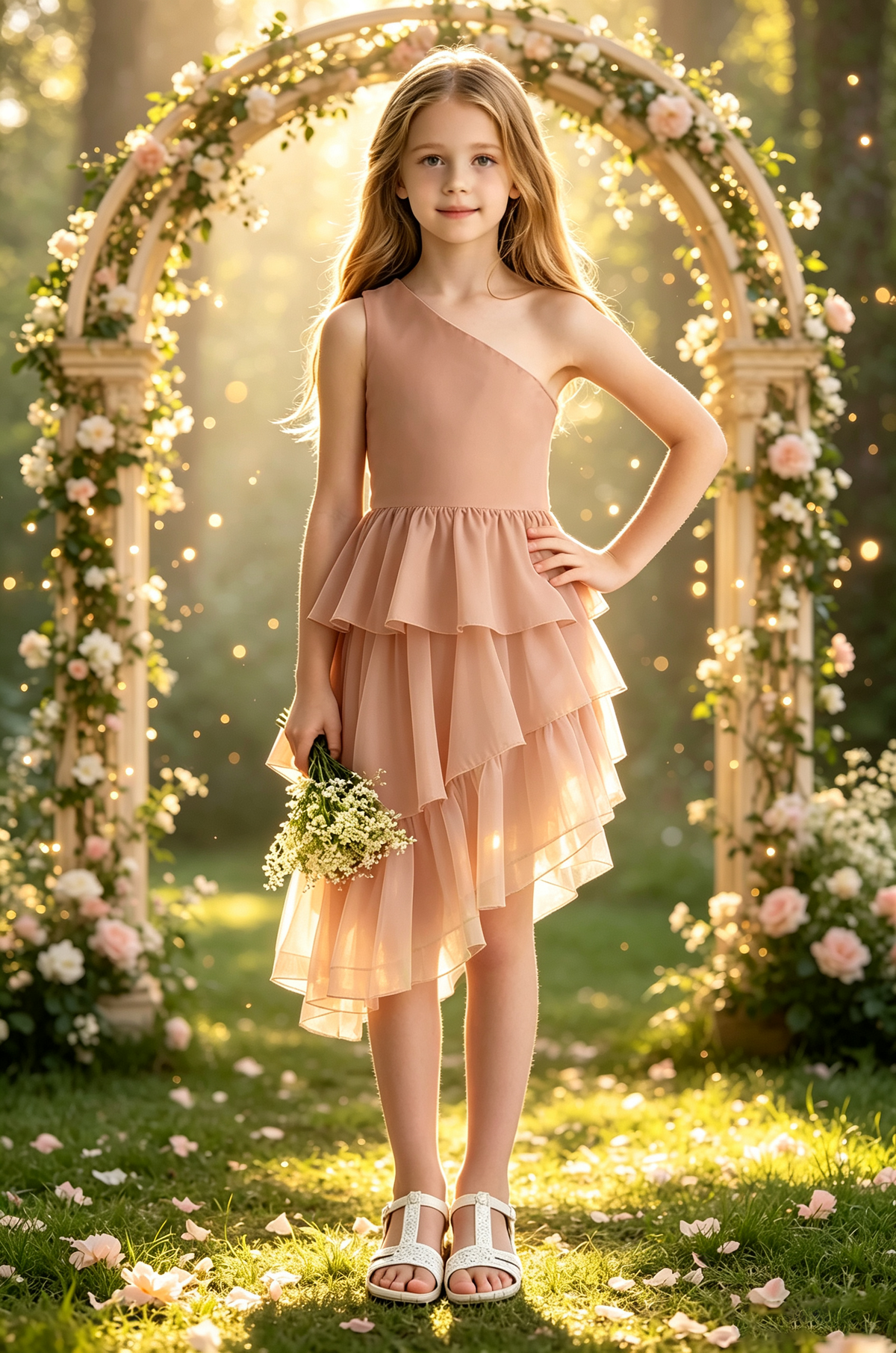 Pink One Shoulder Chiffon Tiered Cake High-Low Midi Dress