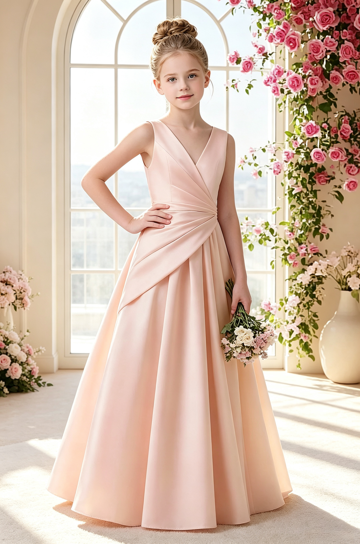 Blush Pink Satin Wrap V-Neck Big Back Bow Full A-Line Dress