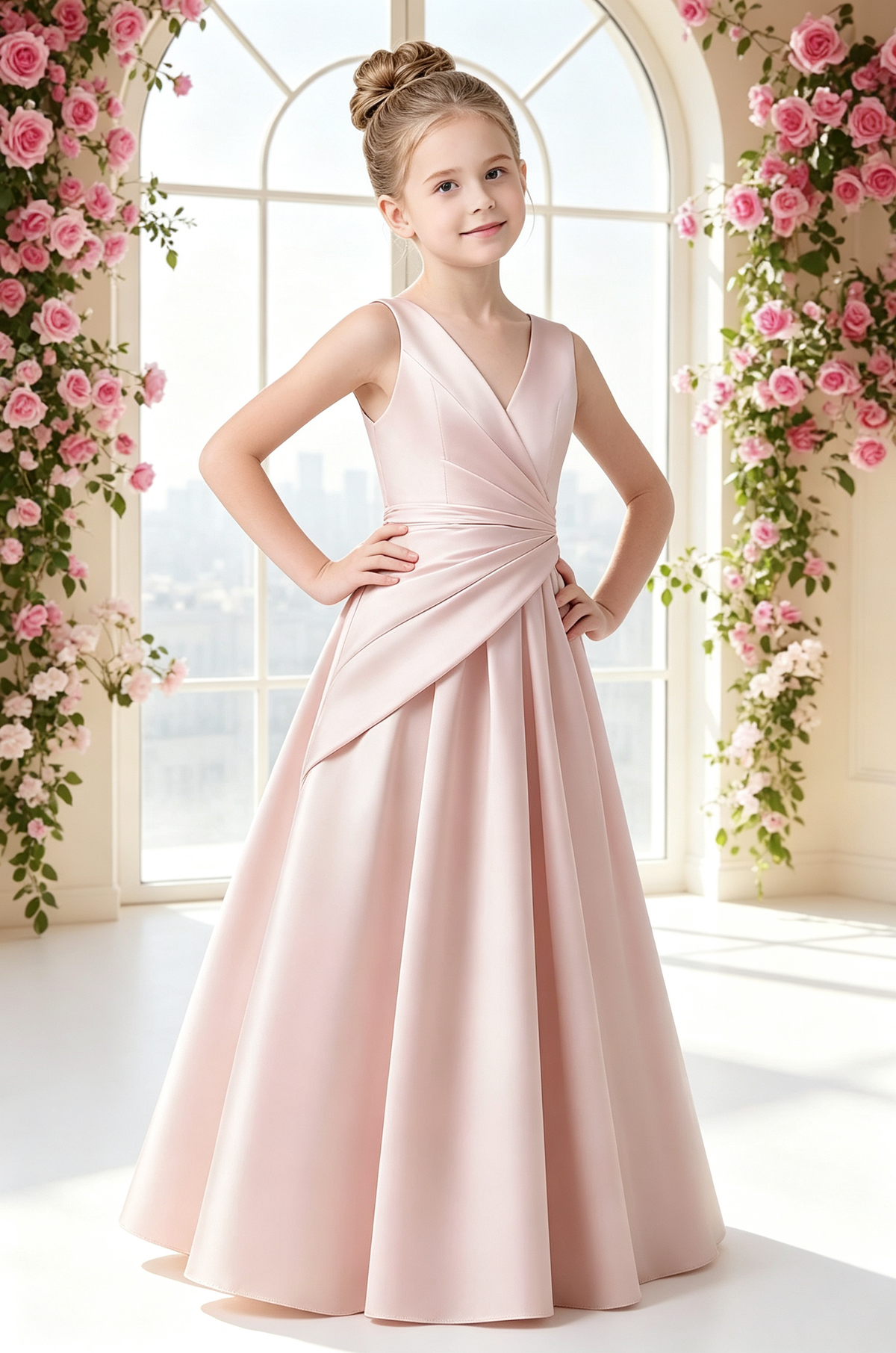 Blush Pink Satin Wrap V-Neck Big Back Bow Full A-Line Dress