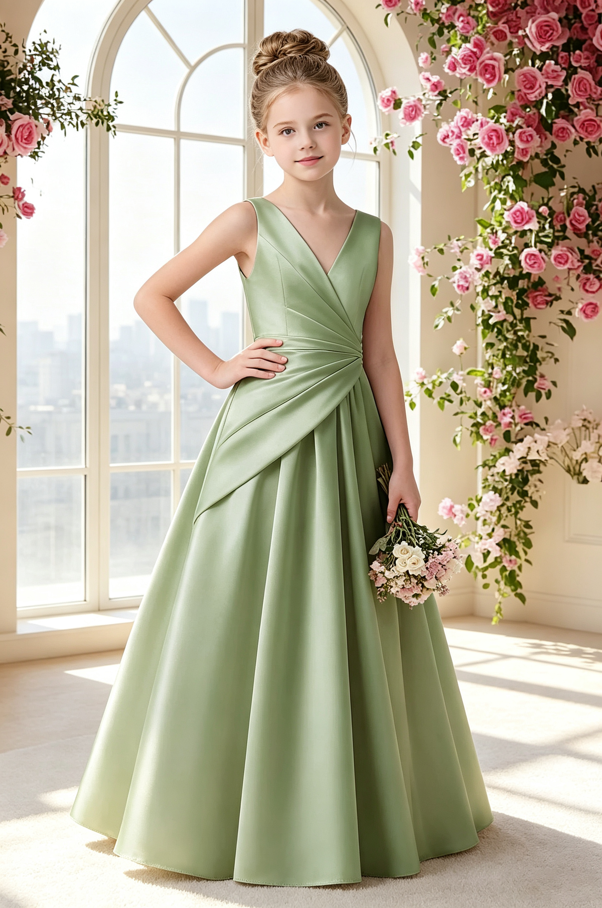 Blush Pink Satin Wrap V-Neck Big Back Bow Full A-Line Dress