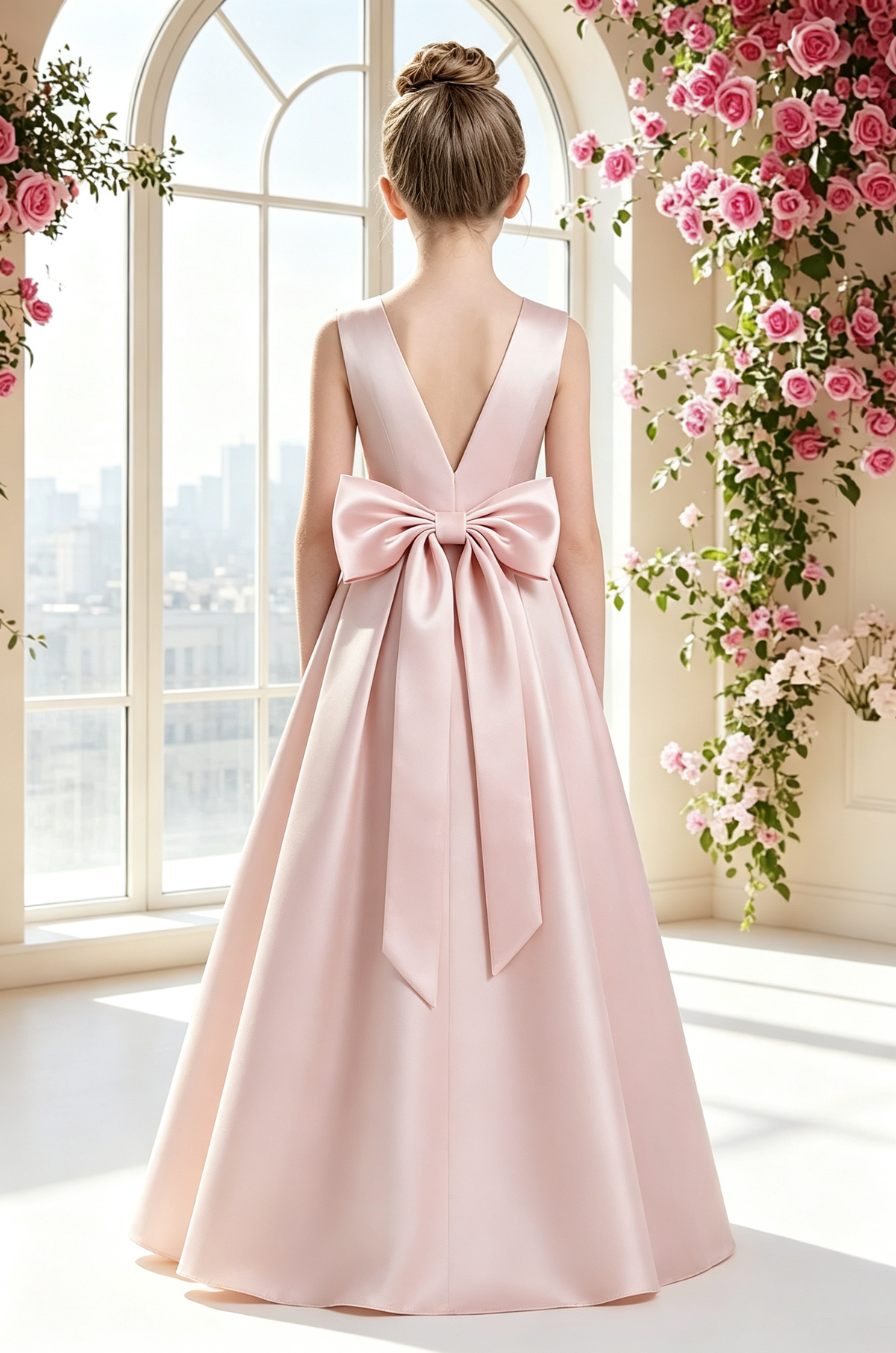 Blush Pink Satin Wrap V-Neck Big Back Bow Full A-Line Dress