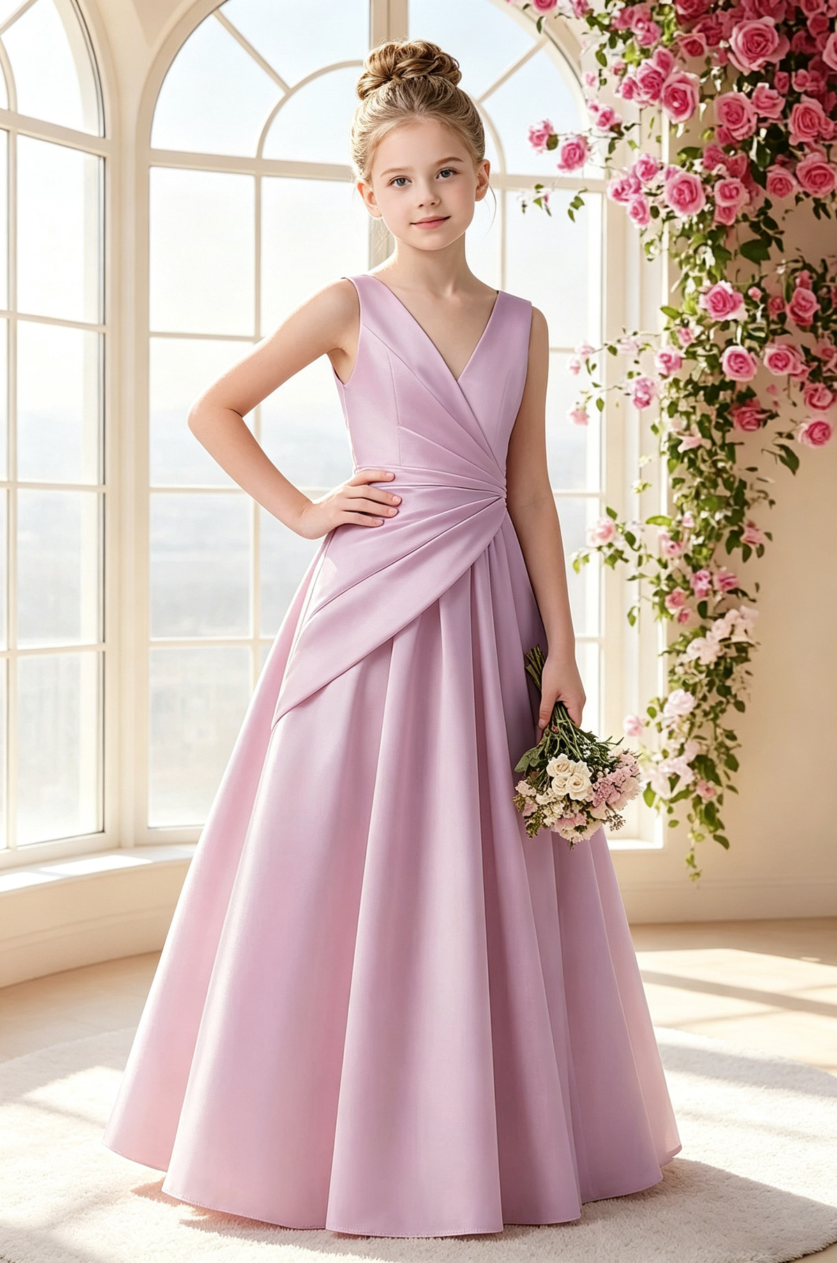 Blush Pink Satin Wrap V-Neck Big Back Bow Full A-Line Dress