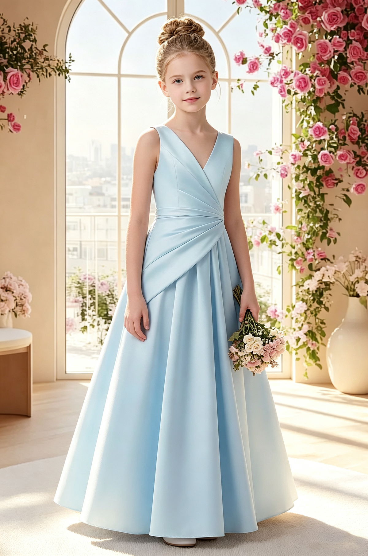 Blush Pink Satin Wrap V-Neck Big Back Bow Full A-Line Dress