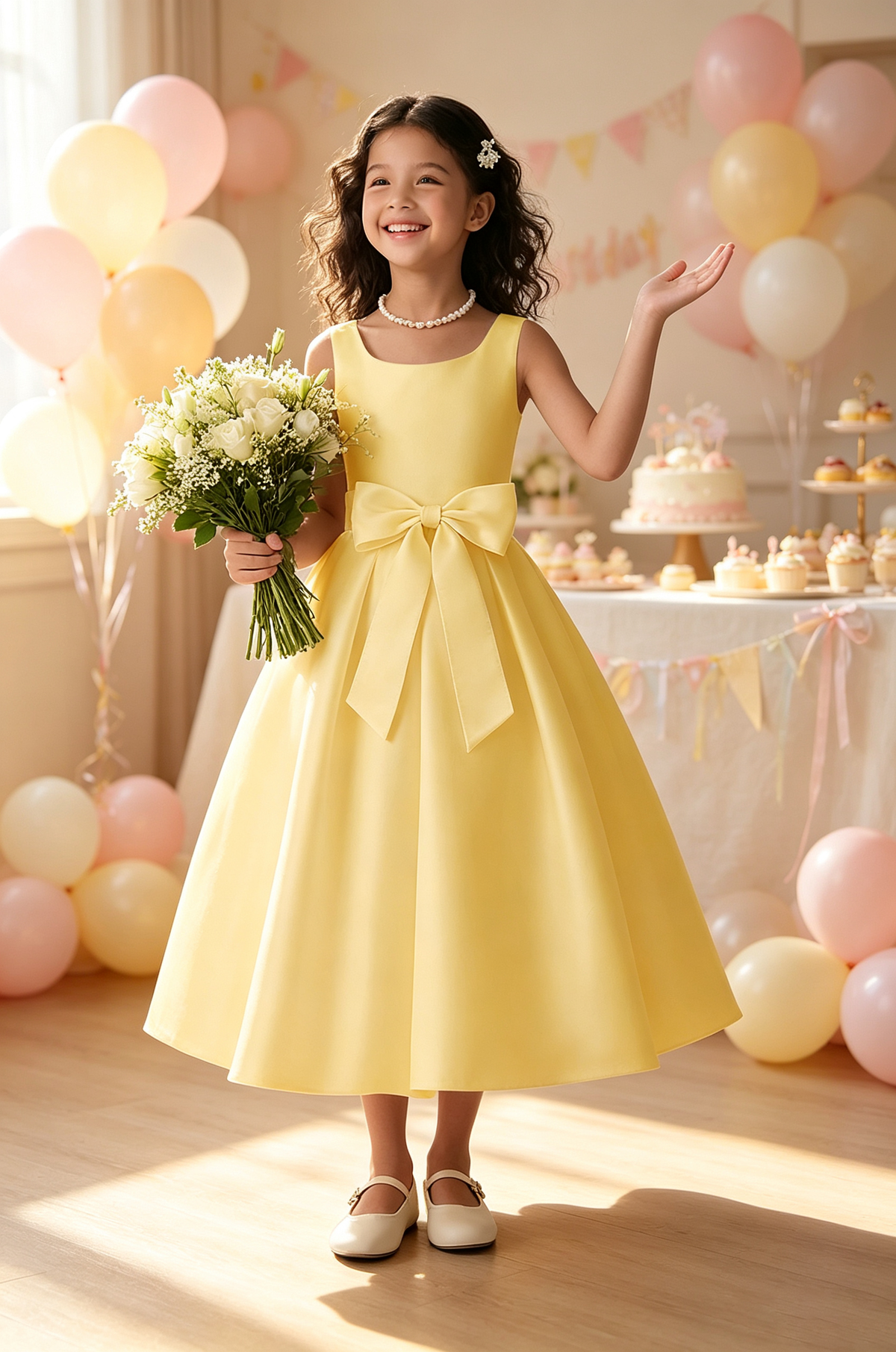Ivory Satin Sleeveless Square Neck Big Front Bow A-Line Communion Dress