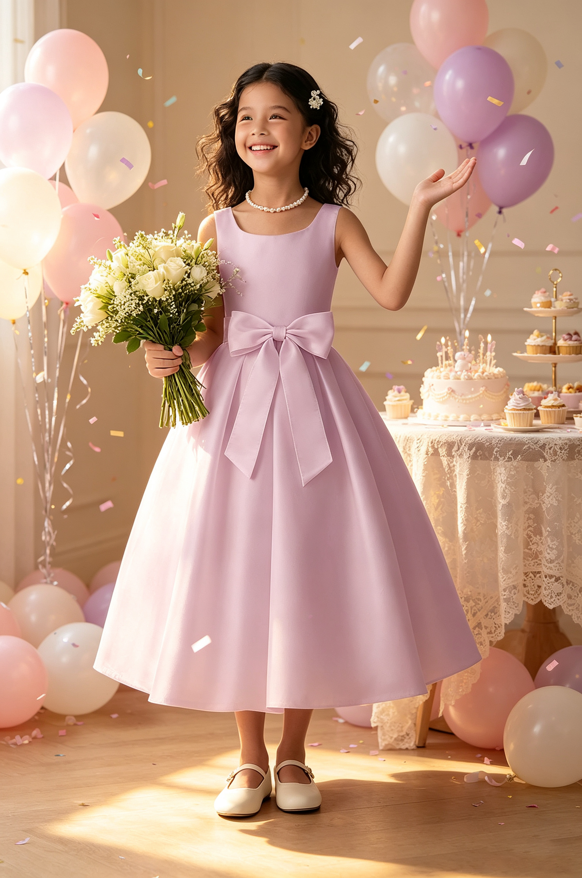 Ivory Satin Sleeveless Square Neck Big Front Bow A-Line Communion Dress