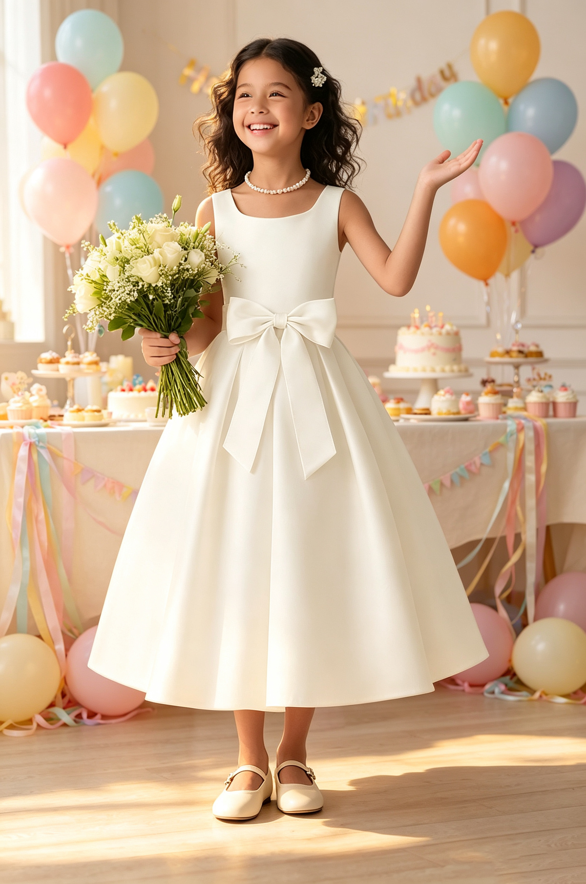 Ivory Satin Sleeveless Square Neck Big Front Bow A-Line Communion Dress