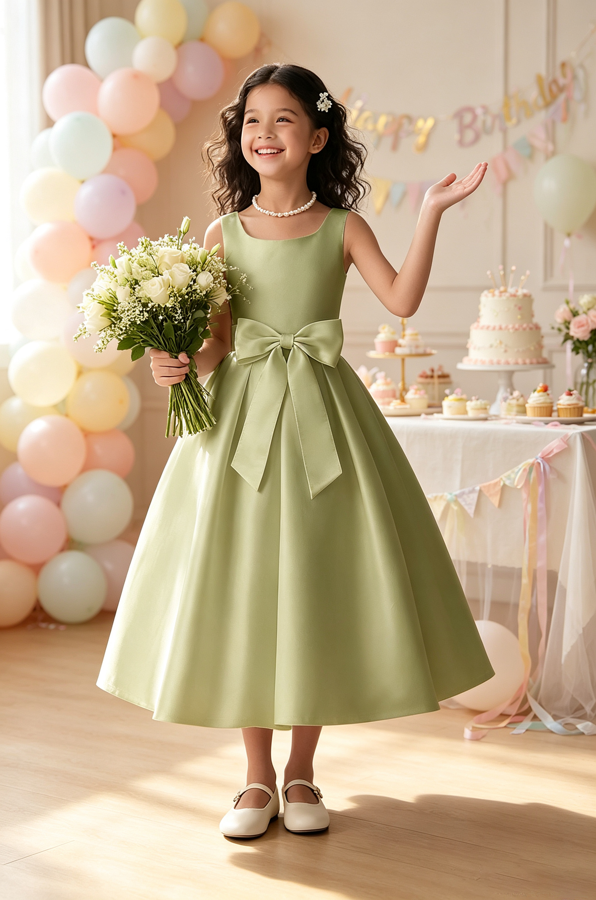 Ivory Satin Sleeveless Square Neck Big Front Bow A-Line Communion Dress