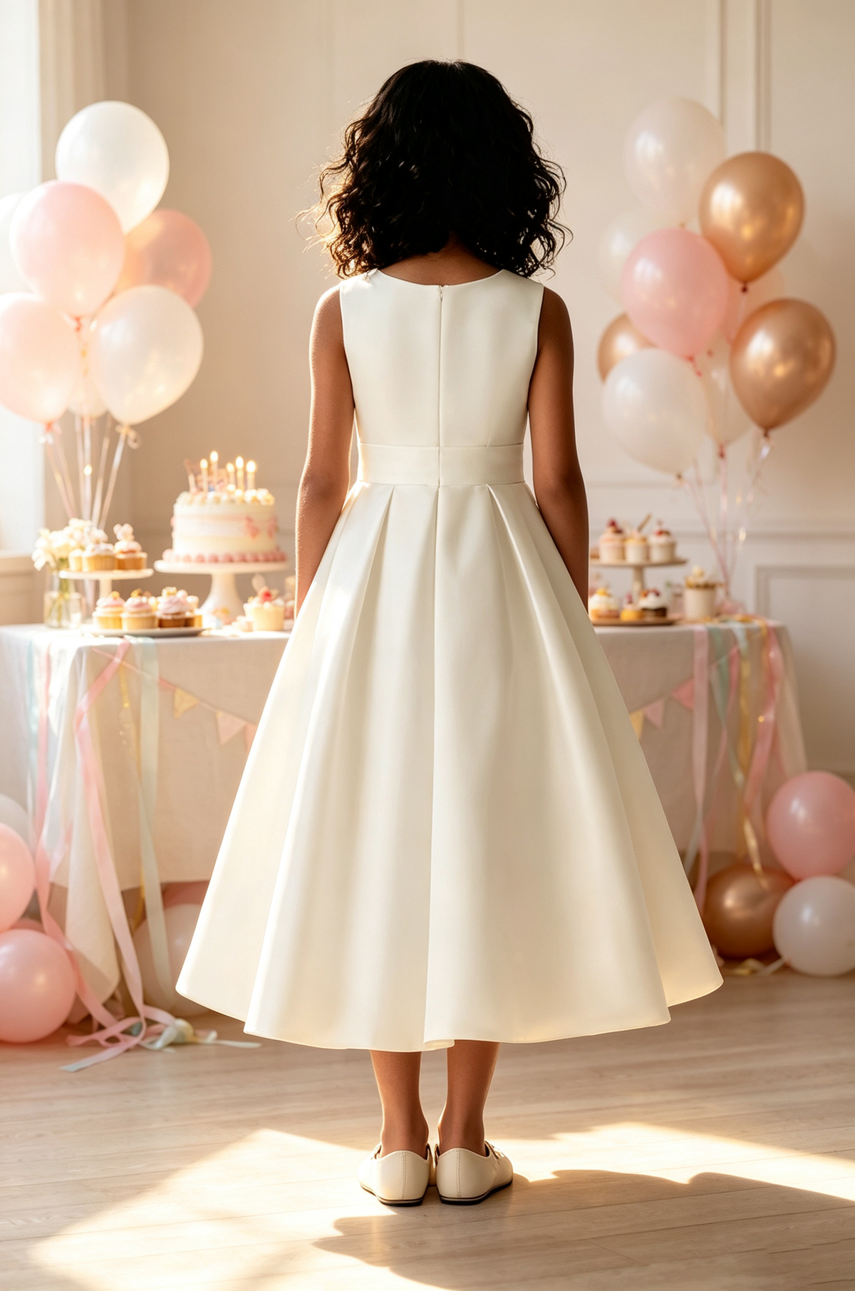 Ivory Satin Sleeveless Square Neck Big Front Bow A-Line Communion Dress