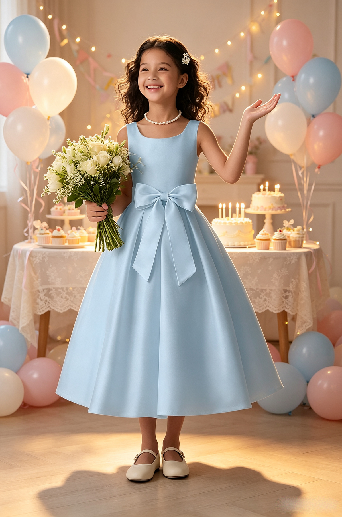 Ivory Satin Sleeveless Square Neck Big Front Bow A-Line Communion Dress
