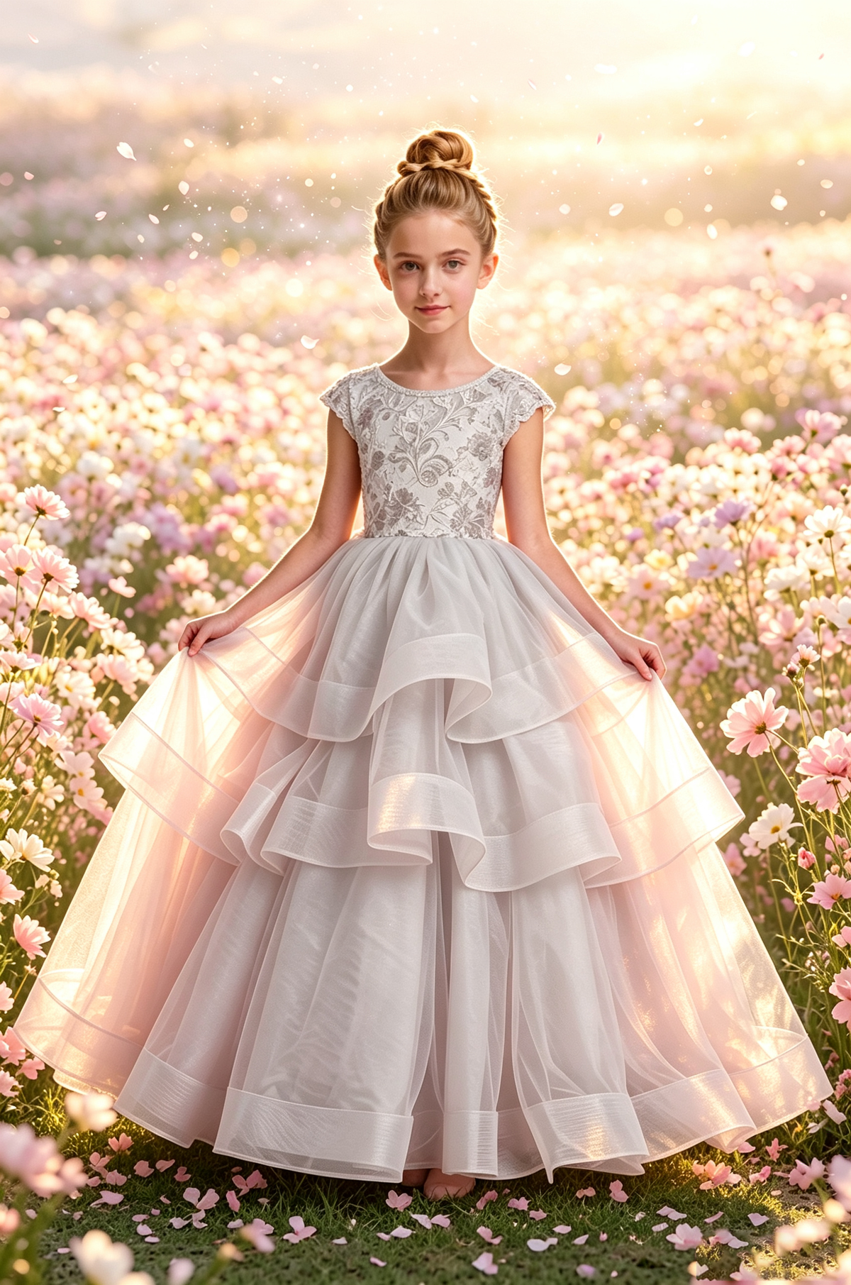 Pink Lace Cap Sleeve Tiered Tulle Big Satin Back Bow Full A-Line Dress